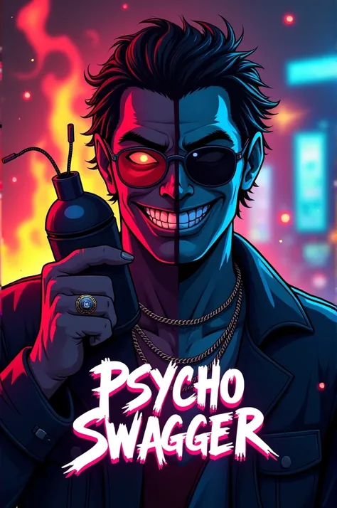 A YouTube thumbnail design for a rap track titled Psycho Swagger. The central character is a split personality figure with one half of the face showing a maniacal smile and glowing red eyes, while the other half is calm with sunglasses and chains. The char...