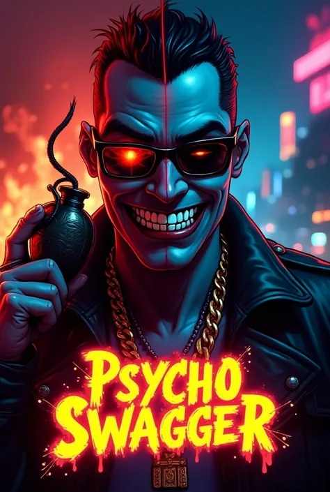 {"prompt":"A bold and eye-catching YouTube thumbnail for a rap track titled Psycho Swagger. The central character is depicted with a half-psycho, half-cool personality: one side of the face features a sinister grin with glowing red eyes, while the other si...