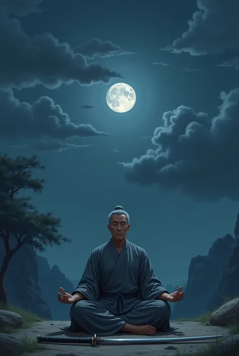 Midnight clouds cover the dim moon ， 1 middle-aged man with short white and gray hair wearing a Chinese gray teaching sword， Sit on the ground in front of him closed his eyes and legs meditating an expression Peaceful waiting for the time 