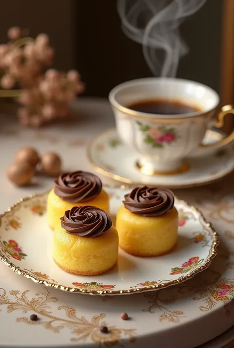 Yellow mignon cakes with chocolate decoration served on the rococo plate, coffee in rococo cup