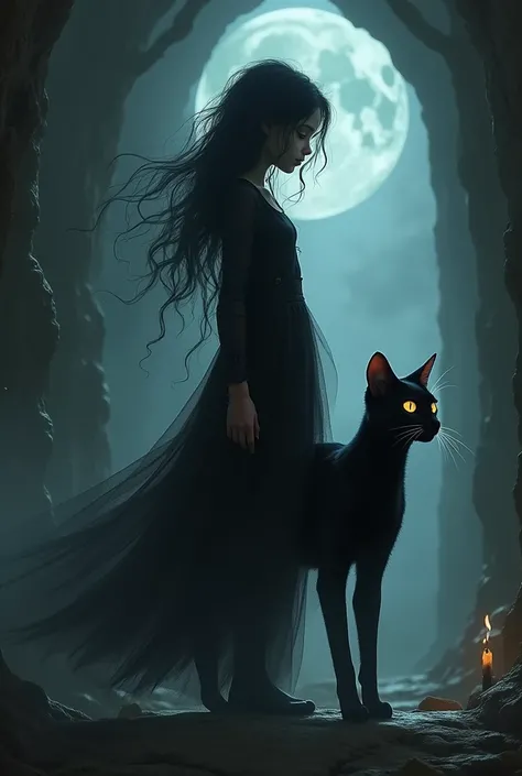 Create a video game character ,  a girl with a black cat in the dark 
