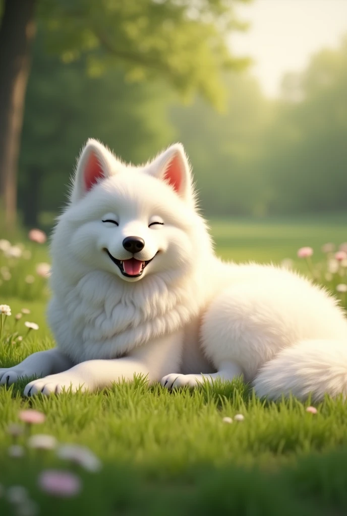 Cute white Samoyed dog lying on the grass