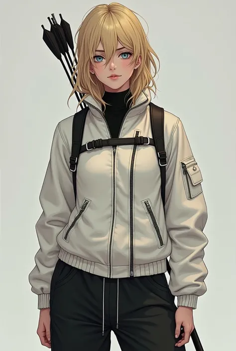 her bow-rack and arrow  behind her back, shes wearing that same white leathered slightly turtle neck, zipped up jacket, black leather straps over both her shoulders and one across the top of her chest, yknow, to hold up the bow-rack and arrow on her back w...