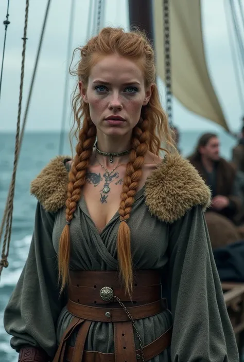 a viking woman, 30yo attractive norse woman, viking shieldmaiden, (medium strawberry-blonde hair, viking braids), (dark eyeshadow, dark eyeliner, fully lips, detailed green deep eyes, withered face skin, beautifully matured face), (in simple warm medieval ...