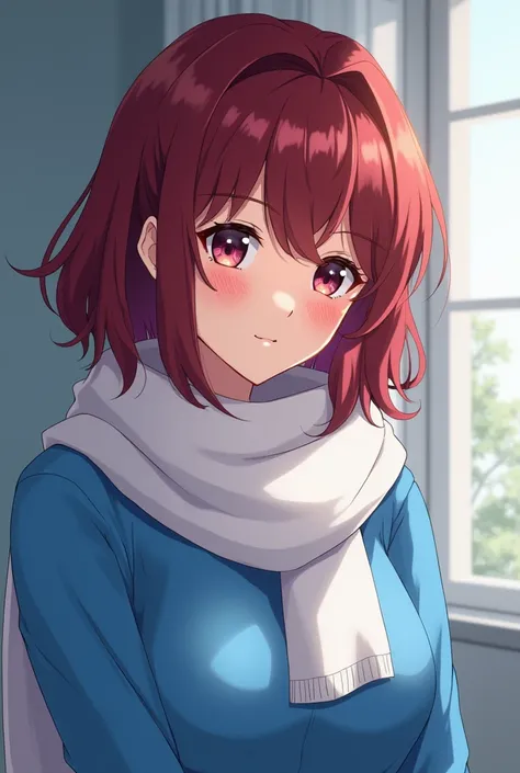 Dark red dilla-haired nurse in a blue sweater with a white scarf 
