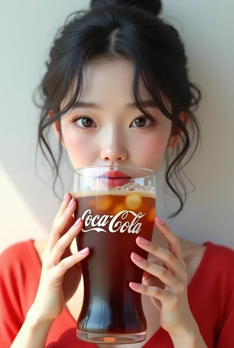 Realistic, super sharp image. A beautiful 18 year old Korean girl is eating coke, but the glass with the coke is as big as hers.