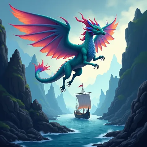 The image features a vibrant cartoon-style depiction of a mythical creature inspired by Greek mythology, set against a dramatic Viking landscape. The creature, resembling a fusion of a griffin and a sea serpent, boasts iridescent scales and majestic wings,...