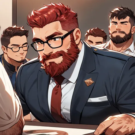 ( masterpiece, best quality:1.2), male focus, only, Mister, beard, redhead, bulto, glasses, Uniform, playful, flirtatious, hairy