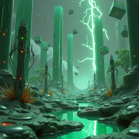 A surreal alien landscape with a glossy, sponge-like terrain filled with intricate holes and tunnels that reflect dim green light. Towering, polished glossy pale green pillars emerge from the ground, their surfaces embedded with glowing green neon veins. T...