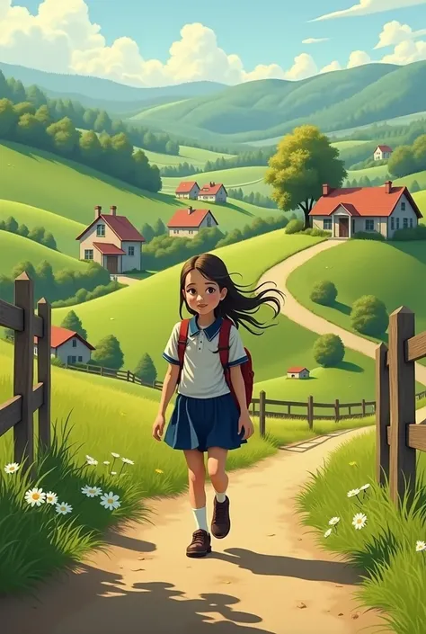 A girl who is on her way to school and who lives in the countryside