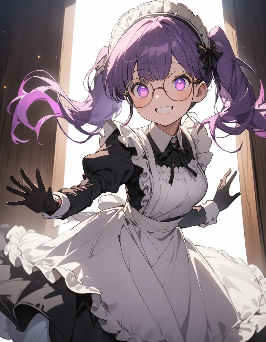 long purple hair ,  wear maid clothes , round glasses, front light ,cute 2d, front lighting 、( for a woman with bristles、masterp...