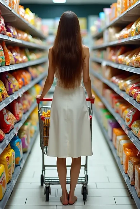 a Thai  woman with long brown hair stands in front of a shopping cart in a grocery store. She is wearing a white dress with a white apron tied around her waist. The shopping cart has a red handle and is filled with a variety of snacks. The shelves behind h...