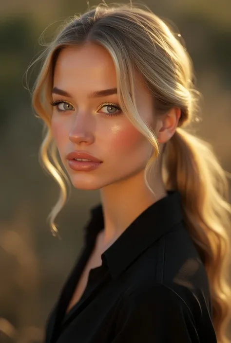 15-year-old girl, beautiful, long, blond hair tied up, thick, well-shaped lips with beautiful white lipstick, gold powder makeup above her eyes, skin golden from the sun and a basic black blouse