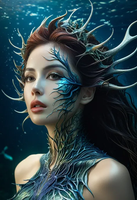 high quality, 8K Ultra HD, Surreal portrait of a stunning woman.
The Thorn Banshee of the Deep Sea，Living with the undercurrent，Dressed in seawater and thorns，The mystery of the deep sea is painted on the skin，The surreal creation technique makes her the q...