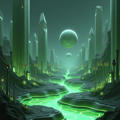 A surreal alien landscape with a glossy, sponge-like terrain filled with intricate holes and tunnels that reflect dim green light. Towering, polished glossy pale green pillars emerge from the ground, their surfaces embedded with glowing green neon veins. T...