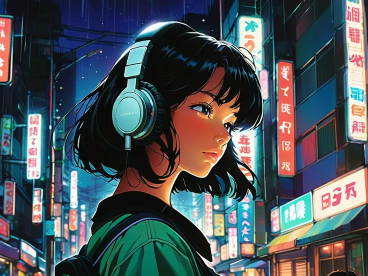  Detailed and detailed depiction , Cell Style,  vivid details , Retro Anime, 90s Anime, VHS image quality , Mood Lighting,  A girl in the night city of Tokyo ,  The girl is wearing headphones,  eyes closed , Beautiful black hair with short cut