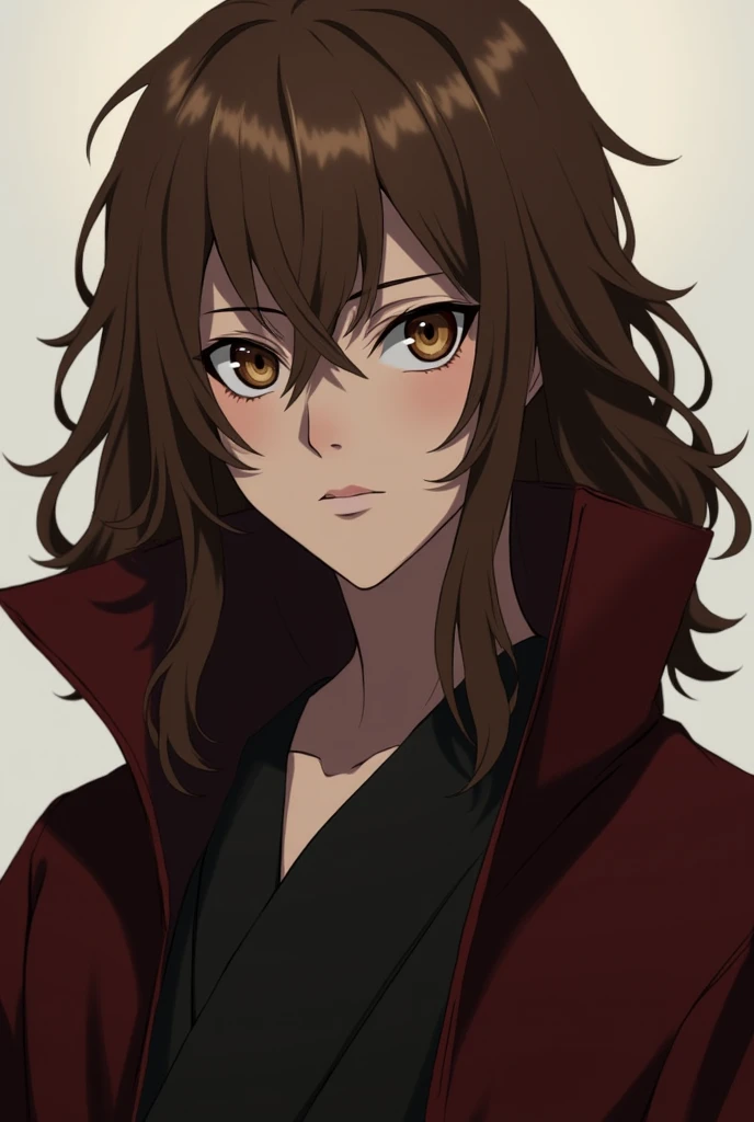 One with long wavy brown hair and eyes in the color of a coff with milk with a robe by Akatsuki 