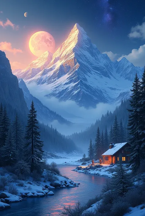 help me generate a mountain view that have snow trees a house a river make it day and night in a picture and the night is dark and show the sun also moon amke the colour moree pop out