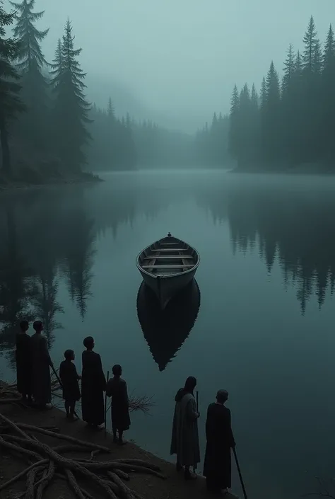 The villagers gathered on the shore of the black lake and found only a wooden boat on top of the black lake