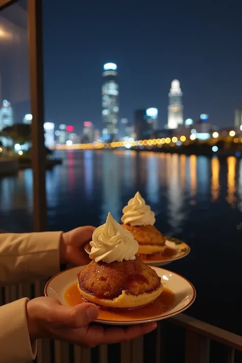 I only have to leave my hands with dessert, so I cant show my face, and I cant reveal my personal information, so the place is at night outside of a high-rise apartment in Gangnam, and the view of Han River is not too pictorial; it shouldnt be too pictoria...