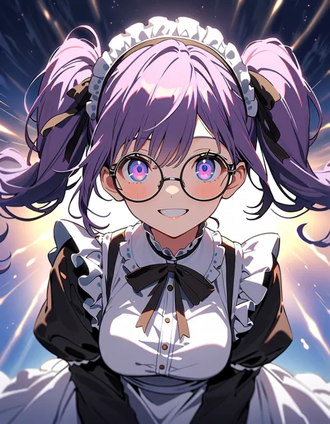 long purple hair ,  wear maid clothes , round glasses, front light ,cute 2d, front lighting 、( for a woman with bristles、masterp...