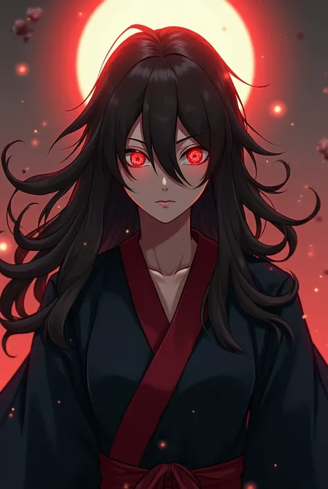 One with long wavy brown hair and Sharingan eyes with an Akatsuki robe 