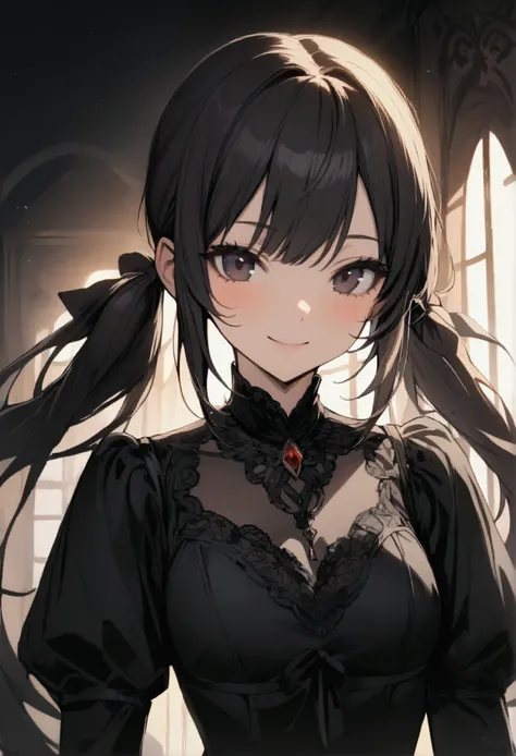 one girl, high twin tails, high pigtails, hair bangs, medium length hair, black hair, dark eyes, pretty face, slim, black dress, close up, smile, masterpiece, best quality