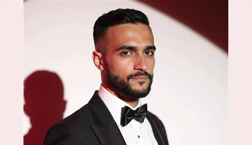 " x} Professional portrait of a man with a neat beard and clear facial features, with short hair,  shot on a neutral background with a red tint .  The man is dressed in a classic black tuxedo with a white shirt and a black butterfly ,  with adding elegance...