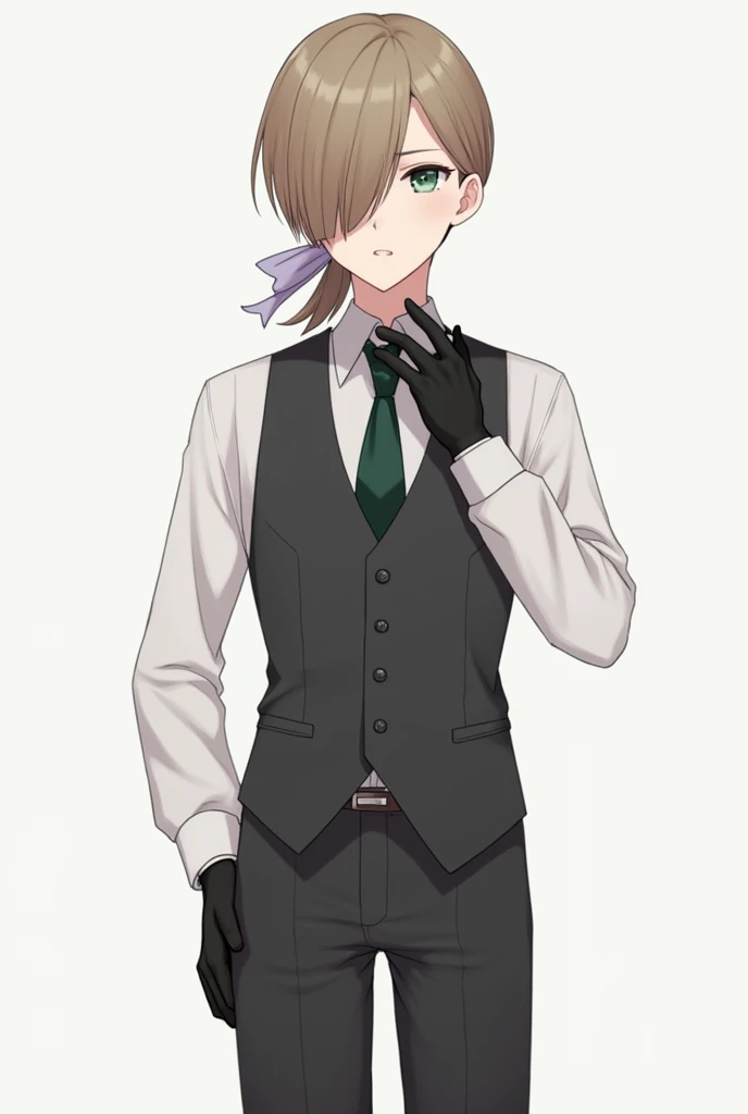 Appearance: A short man with straight and well-combed mid-length light brown hair tied in a low ponytail by a pale purple ribbon. A hair bang covers his right eye, but its still visible through the strands of hair. Round light green eyes. Youthful face. Fa...