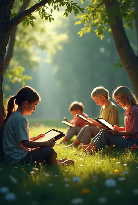 Humans reading ebook from tablets at nature