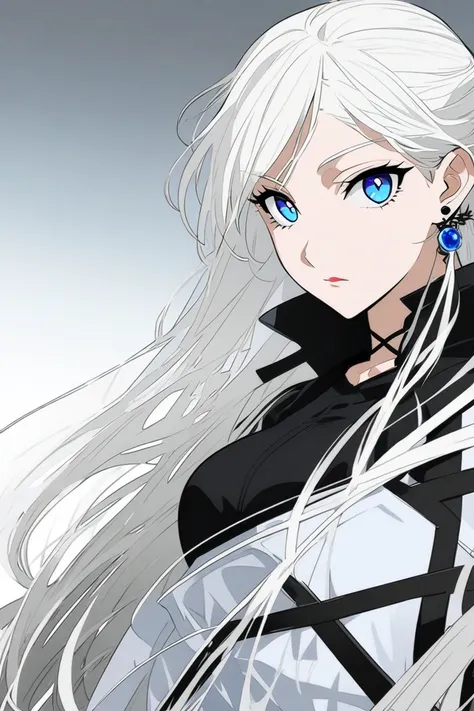 human,feminine, short white hair with black highlights,eyes with blue pupils, Big breasts ,black shirt,causa cargo feminine branca,age 20 years,aparencia joven,teenager,young appearance,earring with a light blue jewel,esrilo manhwa wind breaker.