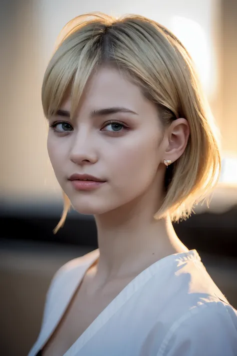 24-year-old woman, blonde, ( high cut fade with oil:1.3),  dark theme ,   pleasant colors  ,  mute color ,  high contrast, ( natural skin texture,  hyperrealism, Soft light, sharp)、Braided Hair、Stylish、 half American and half Japanese、blondeの髪がリアル、Real pho...