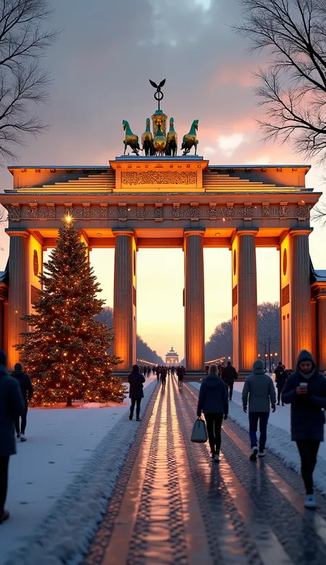 An ultra-realistic Christmas version of the Brandenburg Gate in Berlin, captured in a vertical 9:16 aspect ratio during the soft glow of sunset. The iconic neoclassical monument is adorned with elegant golden lights and festive garlands, with a large decor...