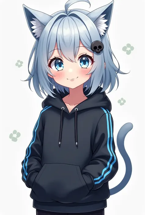  girl、 cute、One person、 light blue white hair close to gray 、Light blue eyes、smile、Black skull pin 、 short、 hoodie with light blue lines on a black base、 black pants、 with one stupid hair standing up 、Im delusional、Cat ears、Menhera、vtuver 、Life-body painti...