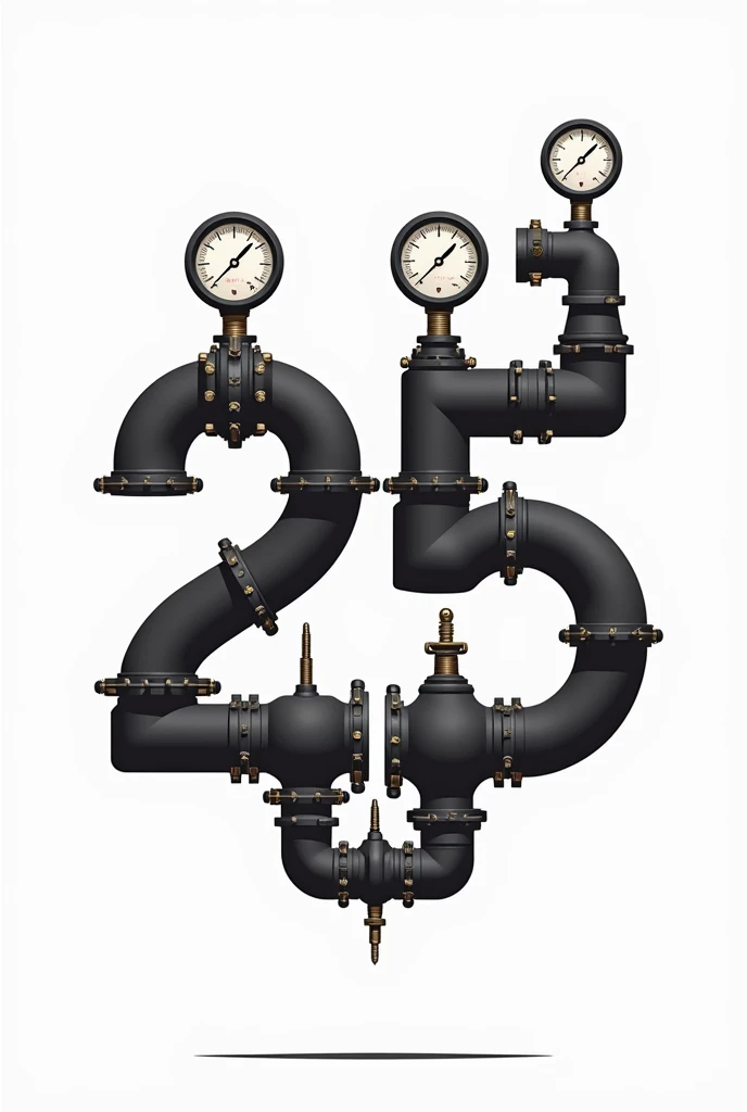 Black color vector graphic of Number 25 created from pipeline, valves and pressure gauges in white background 