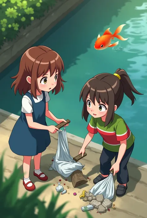 Two girls picking up the guys garbage with a goldfish in the water and one of them with brown hair and a blue dress with green and red striped blouses animated for a story 