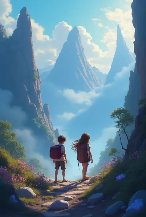 Character boy and girl look Fantasy world 
On mountain 
