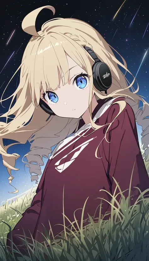 woman、blonde、Long Hair、Drill Hair、Ahoge、 blue eyes、slant eyes, narrow eyes、 Maroon Sportswear 、 Maroon Sportswear のパンツ、 black headphones 、Play a white piano、in the grassland, with shooting stars, at night、anime、Illustration、 best quality、 masterpiece、詳細な描写...