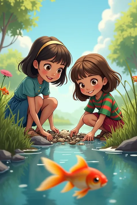 Two girls picking up garbage from the river with a goldfish in the water and one of them with brown hair and a blue dress with green and red striped blouses animated for a story 