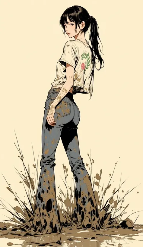 masterpiece, adult comics atmosphere, vintage glamour magazine setting,minimalistic illustration line-art, mud-covered tight vintage flared jeans  and t-shirt, sexy embroidery, woman drowning deep in mud, attention-grabbing, void background, artistic posin...