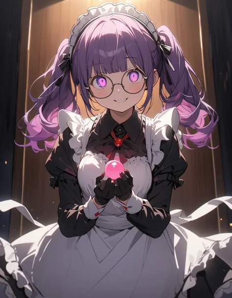 Long purple hair ,  wear maid clothes , round glasses, Front Light ,Cute 2D, Front lighting 、( for a woman with bristles、masterpiece、 high definition 、 Details)、animeスタイル、 Flat Style 、(Shining Eyes、 Details美しい顔),  1 girl、extremely  Details、(The Shining),  ...