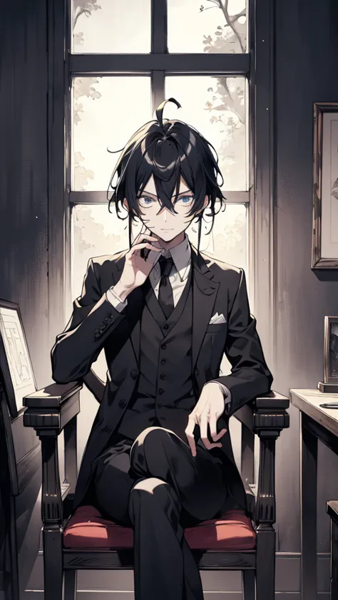 picture of a man in a suit sitting on a chair, yamagata kohei windows ,  anime girl portrait profile painted in dirty black , ja...