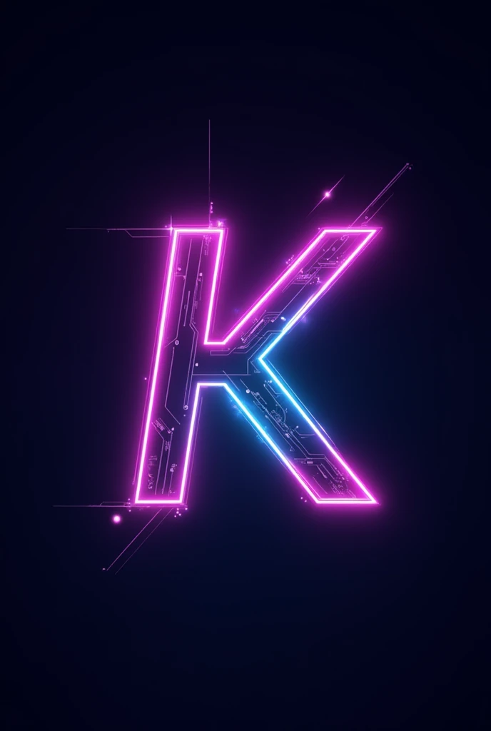 Design a futuristic K logo using neon purple and cyan colors, with a glowing, high-tech aesthetic. The K should have sleek, sharp angles with digital-like elements that create a sense of movement and energy. Incorporate glowing neon effects around the edge...