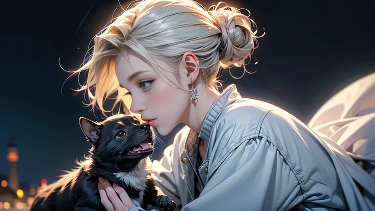 Solo, a female in profile, 30s, sitting, looking up, short bob hair, sleek white hair, updo, holding a cute puppy, the girl wears a plain jacket, (CG unit wallpaper of 16k extremely detailed, perfect anatomy, anatomically correct, incredibly absurdres, bes...