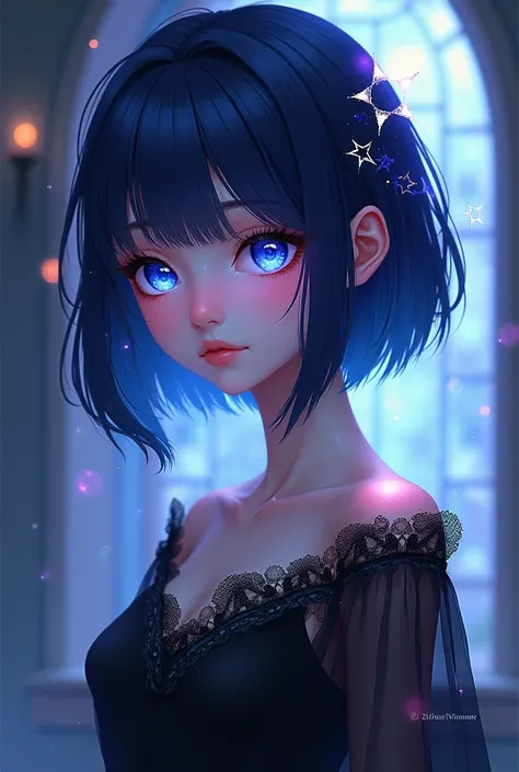 Anme is a tall girl .
 is a beautiful girl with blue eyes and dark blue hair.  Some of the strands stand out for their bright blue hue. Hair reaches to the shoulder blades, And the bangs are parted and even. Both purple eyes are adorned with bright stars, ...