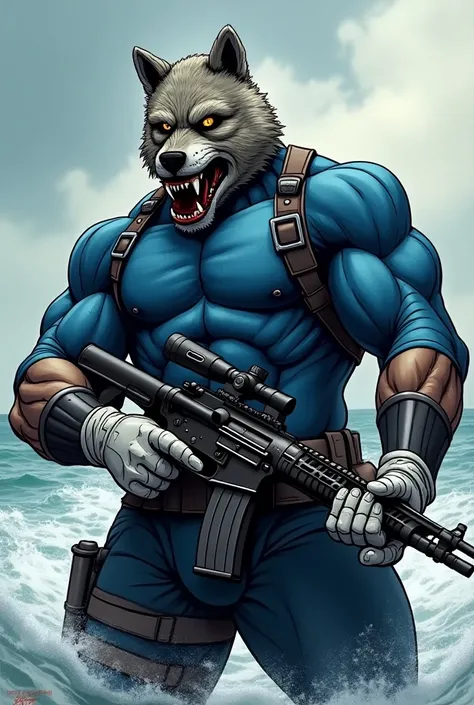 (A rugged beefy very muscular bulky old man), (wearing blue wetsuit), (wearing realistic roaring wolf mask), thumbs up pose, holding a rifle with left hand, wearing bulky scuba gear, muscular physique, toned muscles, fierce, heroic, action, comic artstyle,...