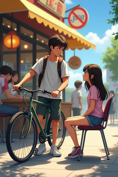 A teenage boy carrying a bicycle, near a food restaurant, and accompanied by a teenage girl sitting in a chair.