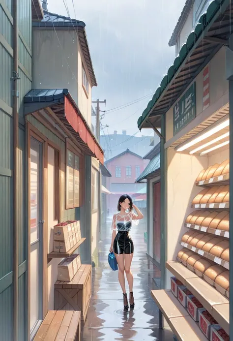  its raining 、Narrow Alley、Black Haired Woman、A woman who is wet and her clothes are see-through is taking shelter from the rain in a shuttered storefront