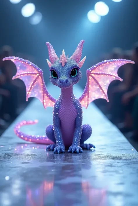 "A baby dragon, crafted entirely of opals and amethysts, flutters its wings down a dazzling runway, its scales reflecting the brilliant, clear lights above. The runway is sleek and futuristic, with radiant white lights that enhance the ethereal shimmer of ...