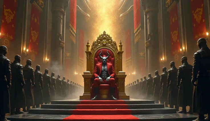 Huge giant throne room with a golden throne featuring a muscular and cold demon king with an army of demons in black armor with a handsome demon king with horns and a blood-red suit 